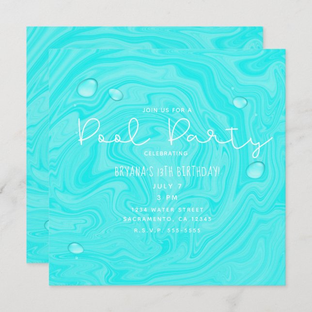 Blue Water Drops Summer Swim Pool Birthday Party Invitation (Front/Back)