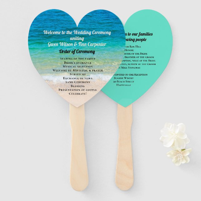 Blue Water Heart-Shaped Wedding Fan Program (Front and Back)