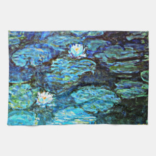 Blue Water-Lilies, fine art painting by Monet Tea Towel