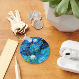 Blue Water-Lilies, fine art painting Key Ring