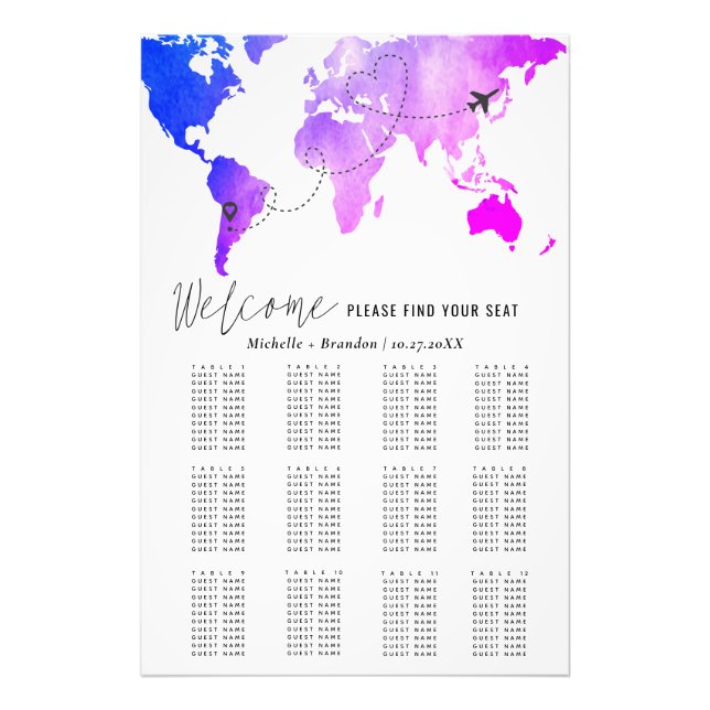 Blue water map elegant wedding seating photo print (Front)