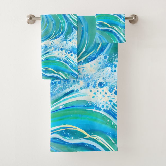 Blue Water Ocean Sea Waves  Bath Towel Set (Insitu)
