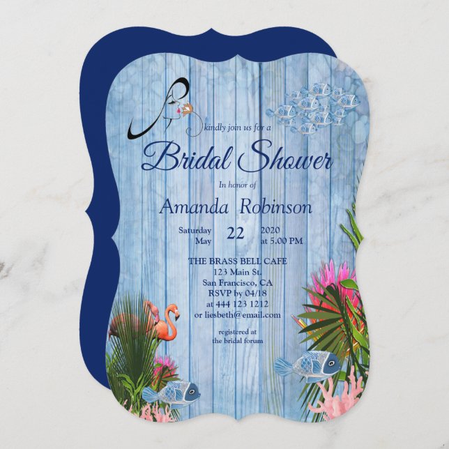 Blue water Pebbles & Pink Flamingos Bridal Shower Invitation (Front/Back)
