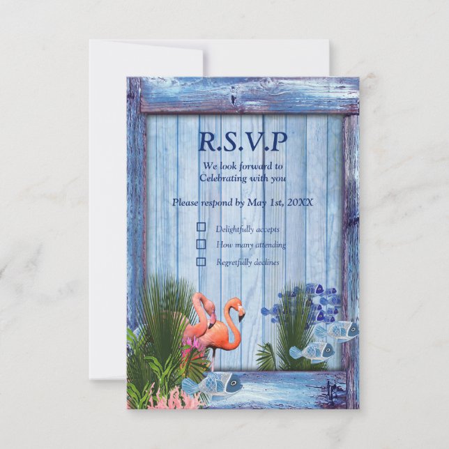 Blue water Pebbles,Pink Flamingos & Fish RSVP Card (Front)