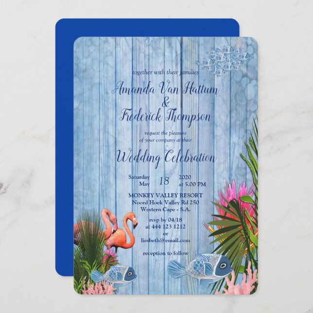 Blue water Pebbles & Pink Flamingos Invitation (Front/Back)