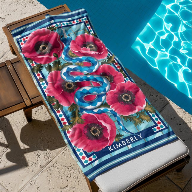 Blue Water Snake & Pink Flowers Pool Custom Beach Towel (red poppies and turquoise water snake beach towel by the pool)
