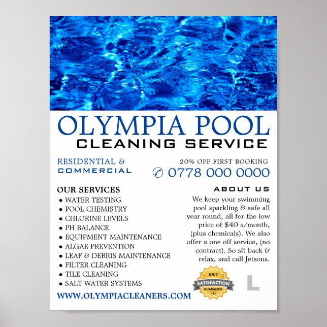 Blue Water, Swimming Pool Cleaning Advertising Poster (Front)