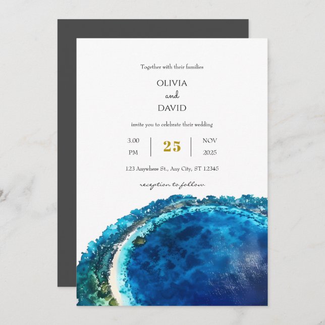 Blue Water Tropical Atoll Island Beach Wedding  Invitation (Front/Back)