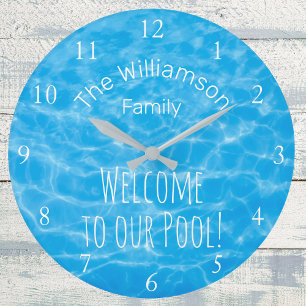 Blue Water Welcome to Our Pool Family Name Large Clock