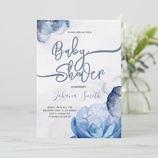 Blue Watercolor Abstract Baby Shower Invitation (Standing Front)