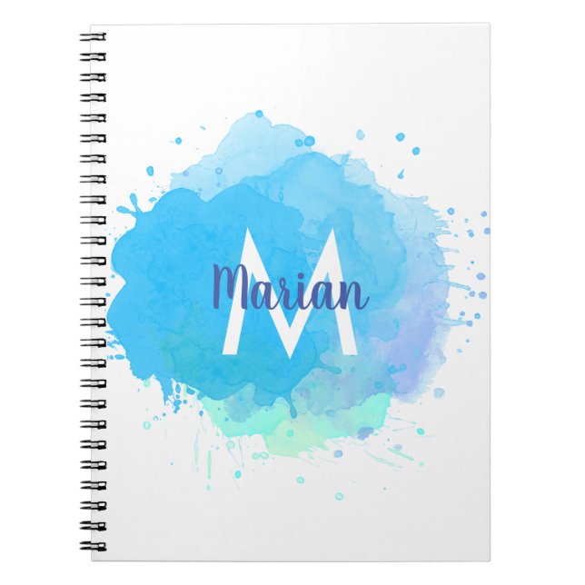 Blue Watercolor Abstract Monogram Name Notebook (Front)