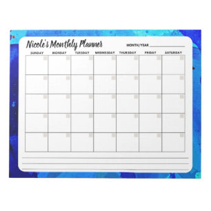 Blue Watercolor Abstract Monthly Calendar Notepad 