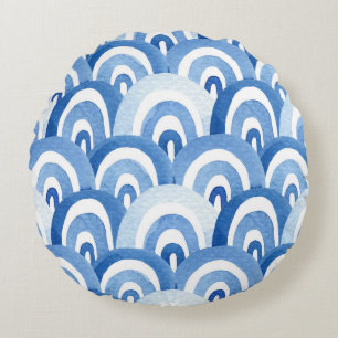Blue Watercolor: Abstract Sea Waves Round Cushion