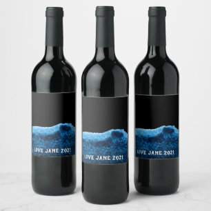  Blue watercolor abstract stripe Wine Label