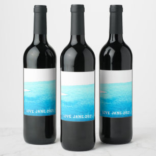  Blue watercolor abstract stripe Wine Label