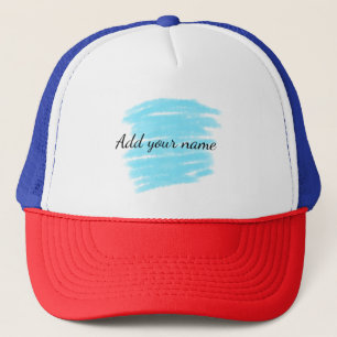 Blue watercolor add name text message here throw trucker hat
