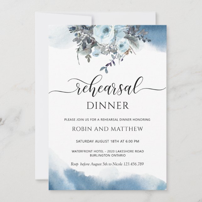Blue Watercolor and Blue Floral Rehearsal Dinner Invitation (Front)
