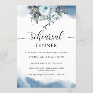Blue Watercolor and Blue Floral Rehearsal Dinner Invitation
