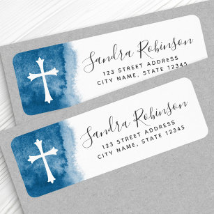 Blue watercolor and cross baptism communion return address label