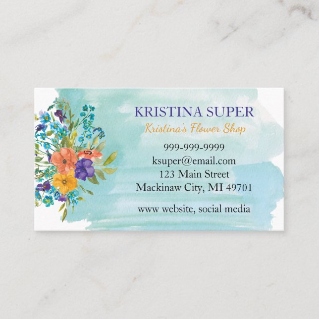 Blue Watercolor and floral Business Card (Front)