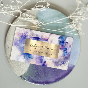 Blue Watercolor and Gold Foil Business Card