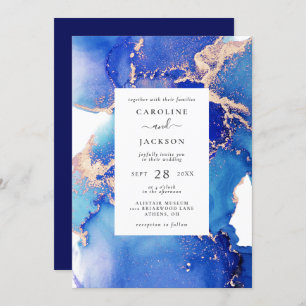 Blue Watercolor and Gold Wedding Invitation