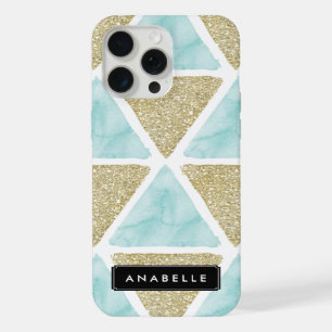 Blue Watercolor and Printed Glitter Triangles iPhone Case