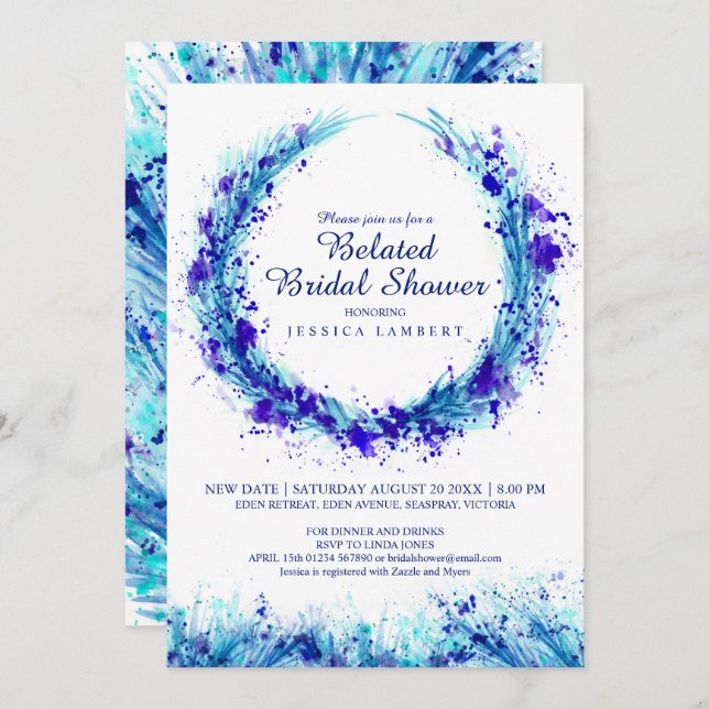 Blue watercolor art splat belated bridal shower invitation (Front/Back)