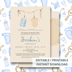 Blue Watercolor Baby Clothes Aqeeqah Islamic Invitation