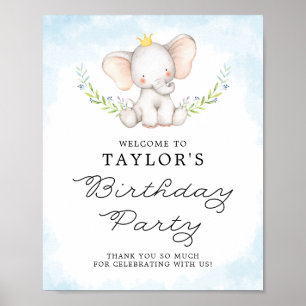 Blue Watercolor Baby Elephant Birthday Welcome Poster