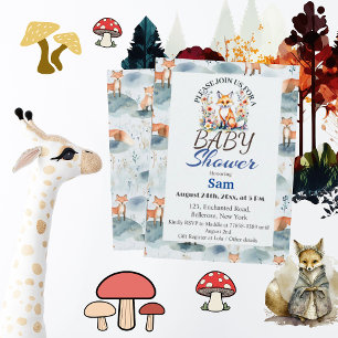 Blue Watercolor Baby Fox Baby Shower Invitation
