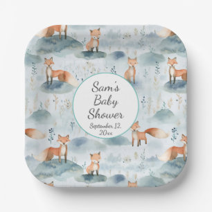 Blue Watercolor Baby Fox Baby Shower Paper Plate