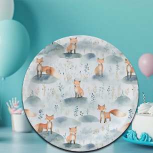Blue Watercolor Baby Fox Paper Plate