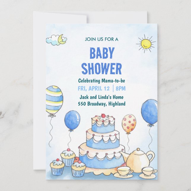 Blue Watercolor Baby Shower Invitation (Front)