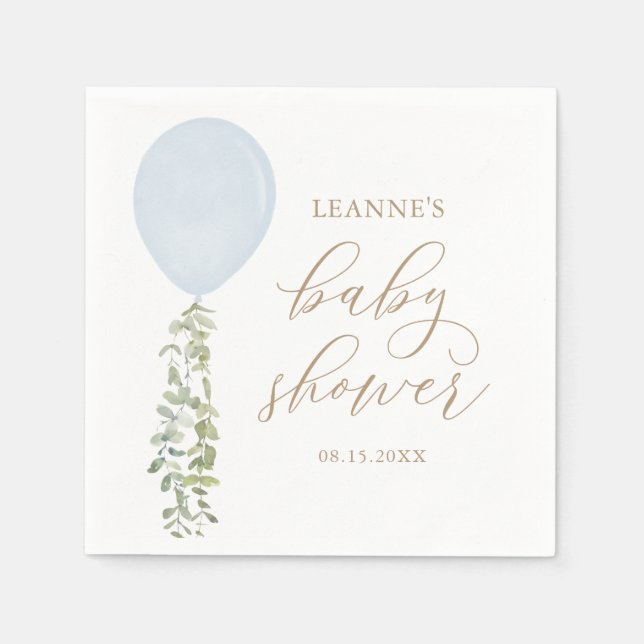 Blue Watercolor Balloon Eucalyptus Baby Shower Napkin (Front)