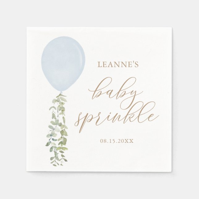 Blue Watercolor Balloon Eucalyptus Baby Sprinkle Napkin (Front)