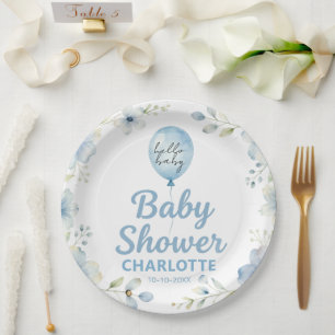 Blue Watercolor Balloon Floral Boy Baby Shower Paper Plate