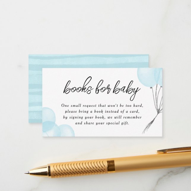 Blue Watercolor Balloons Baby Shower Book Request Enclosure Card (Front/Back In Situ)