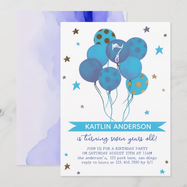 Blue Watercolor Balloons Girl 7th Birthday Party  Invitation (Front/Back)
