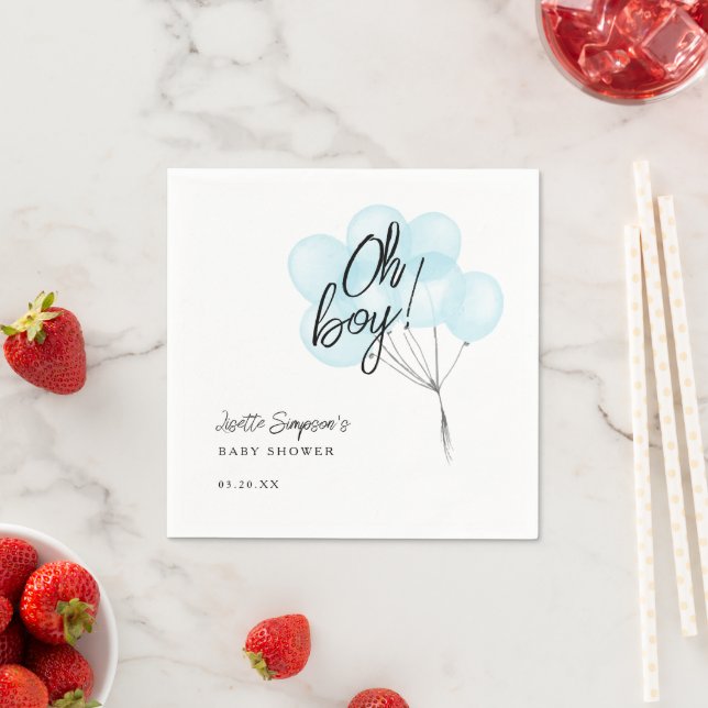 Blue Watercolor Balloons Oh Boy Baby Shower Napkin (Insitu)