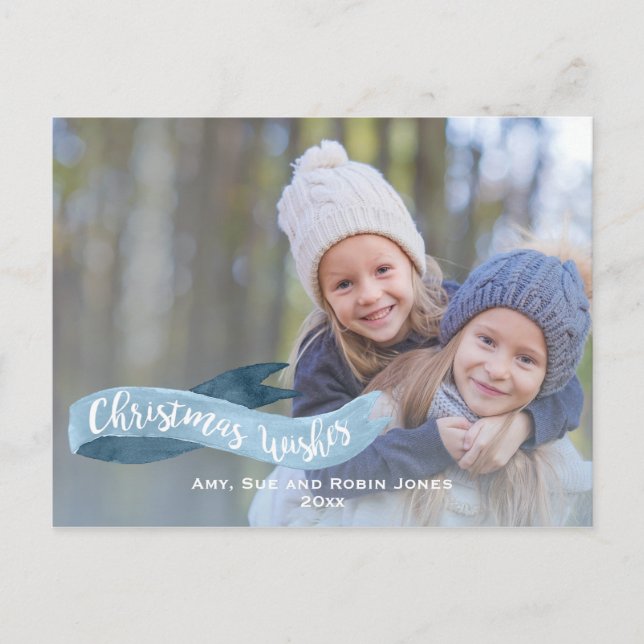 Blue Watercolor Banner Calligraphy Photo Card (Front)