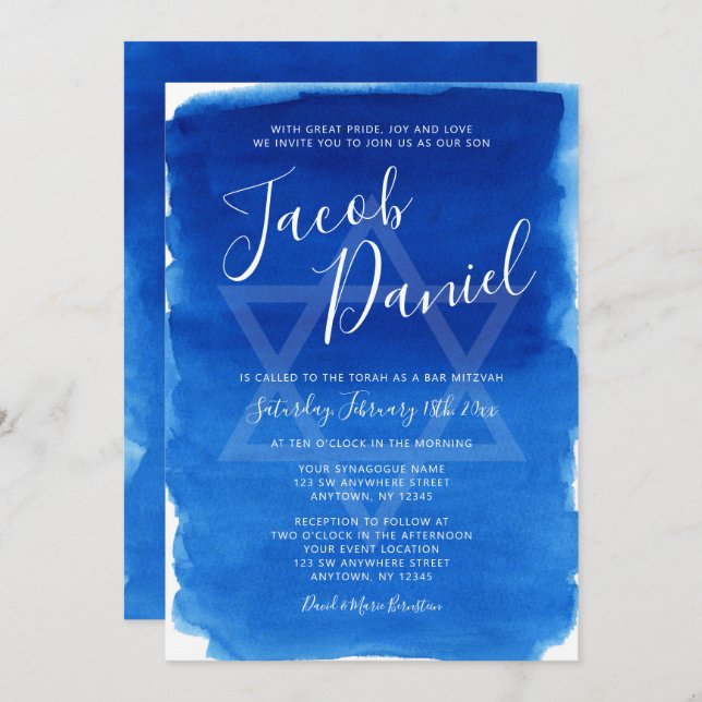 Blue Watercolor Bar Mitzvah Invitation (Front/Back)