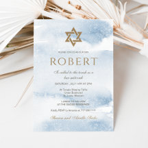 Blue Watercolor Bar Mitzvah Invitation | Gold Star