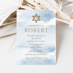 Blue Watercolor Bar Mitzvah Invitation Gold Star
