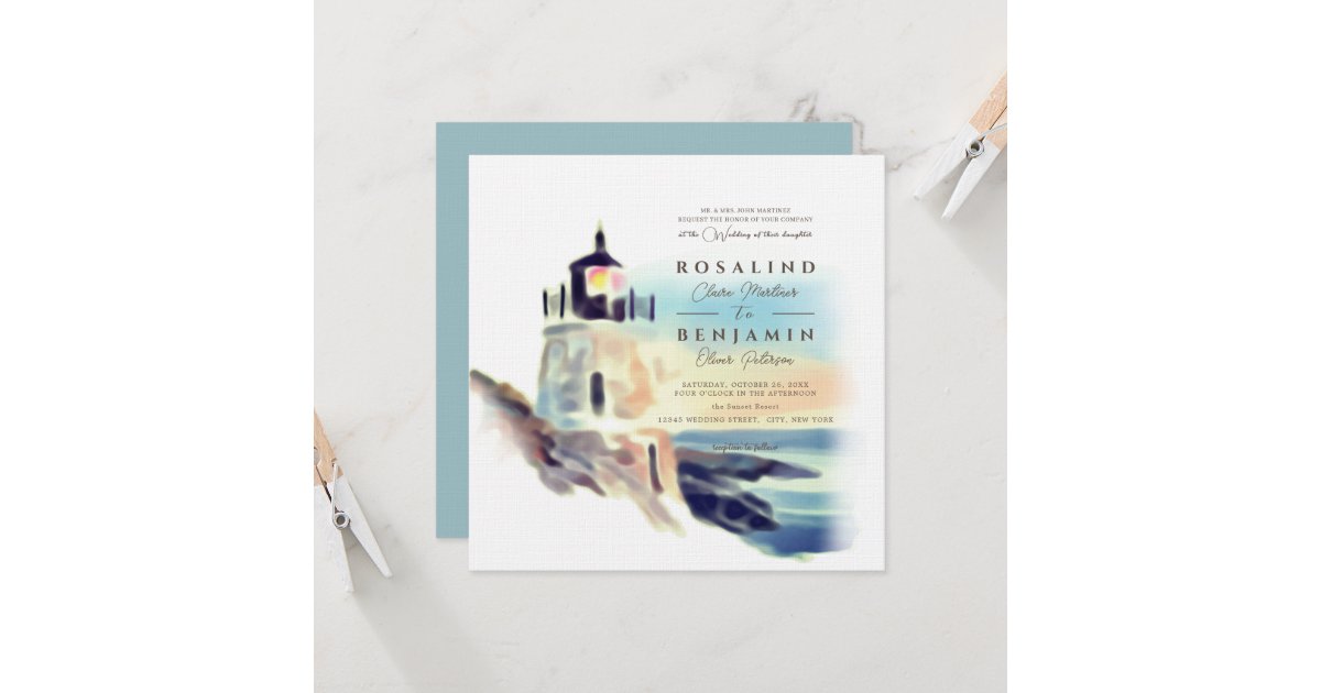 Blue Watercolor Beach Lighthouse Landscape Wedding Invitation | Zazzle