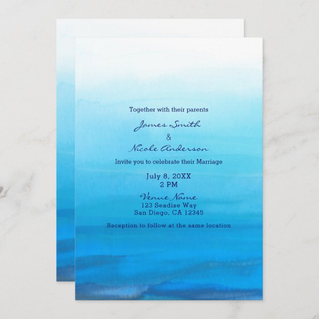 Blue Watercolor Beach Tropical Wedding Invitations (Front/Back)