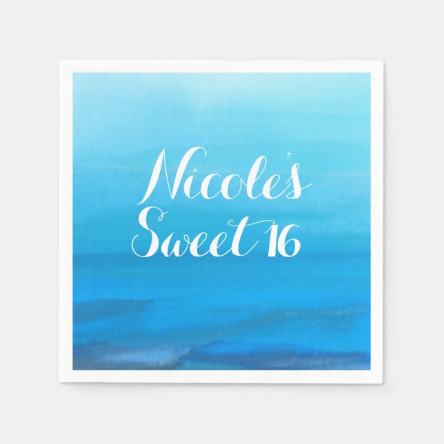 Blue Watercolor Beach Tropical Wedding Ocean Napkin (Front)
