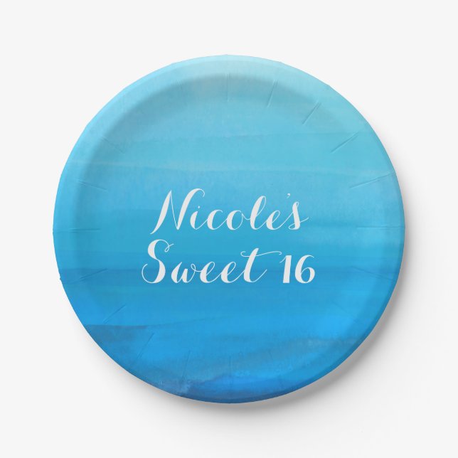 Blue Watercolor Beach Tropical Wedding Ocean Sea Paper Plate (Front)