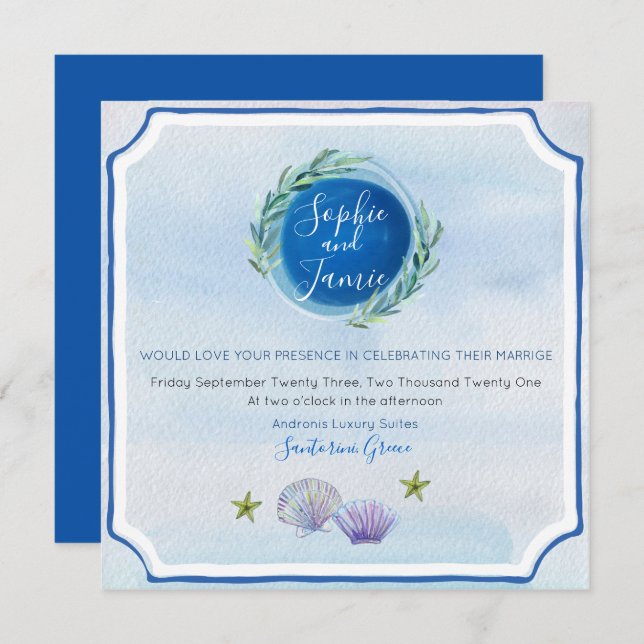 Blue WaterColor Beach Wedding Invitation (Front/Back)