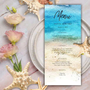 Blue Watercolor Beach Wedding Menu